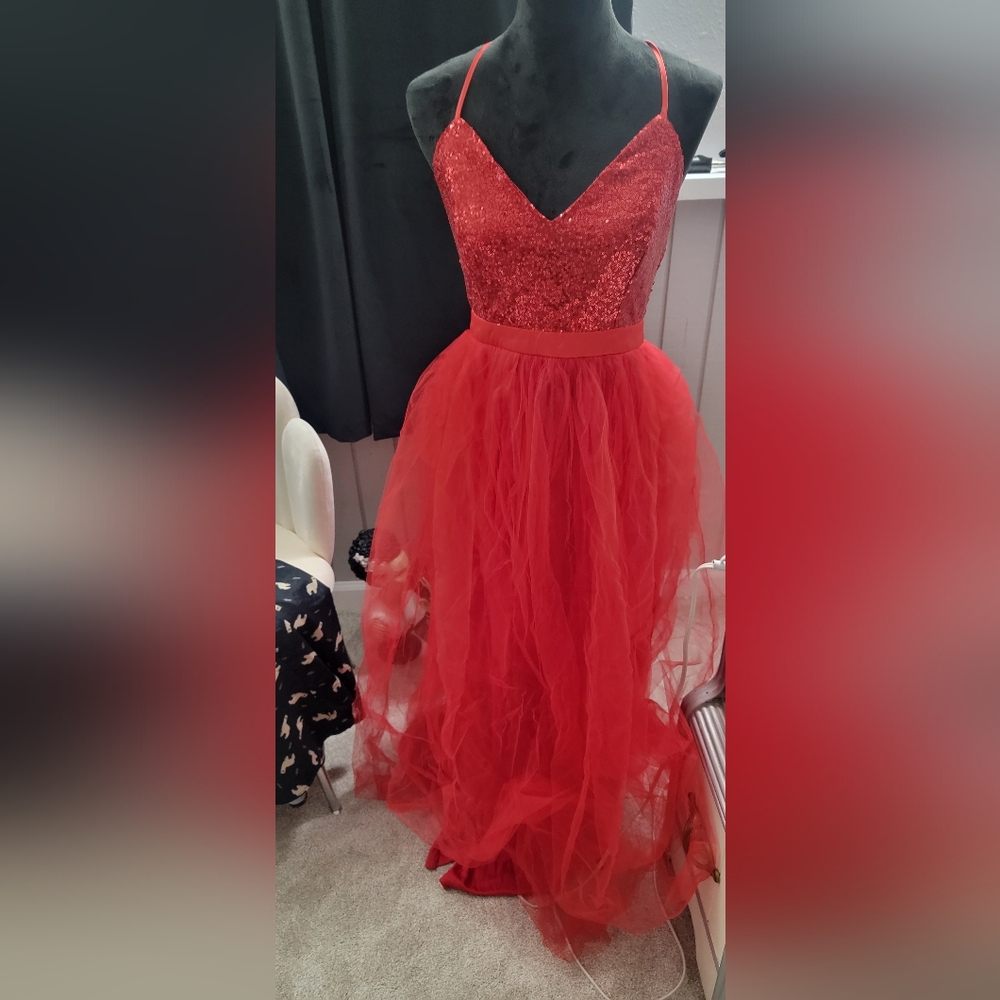 Red tulle sequin dress